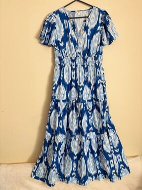 Crown & Ivy Blue Ikat V-Neck Tiered Maxi Dress